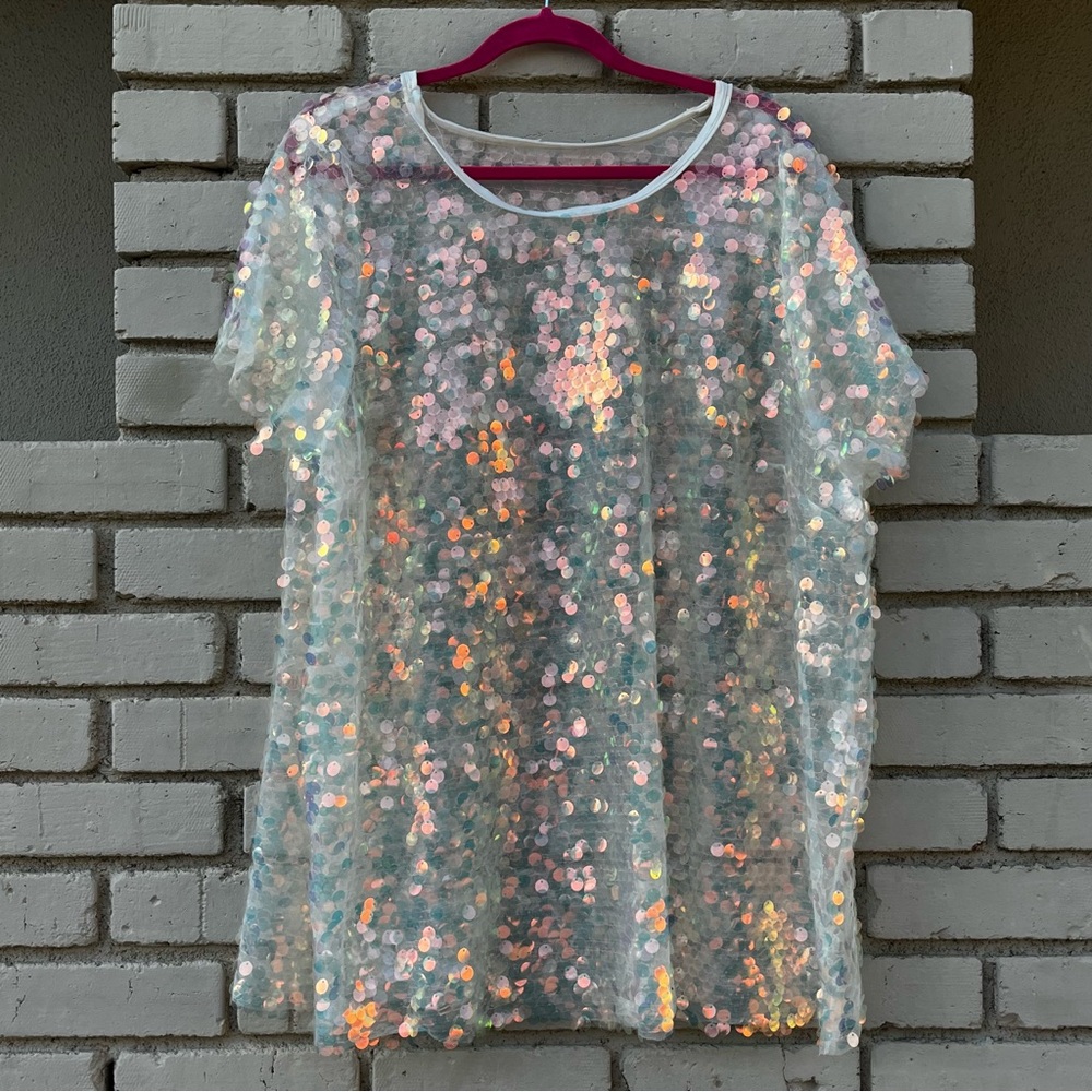 Sheer Sequin Mini Dress in White Opal - Size Large